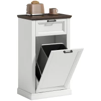 HOMCOM 10 Gallon Trash Can Cabinet with Drawer, Farmhouse Tilt Out Garbage Cabinet Laundry Hamper, White Wood Effect(m-11)