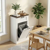 HOMCOM 10 Gallon Trash Can Cabinet with Drawer, Farmhouse Tilt Out Garbage Cabinet Laundry Hamper, White Wood Effect(m-10)