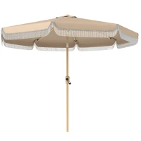 Outsunny 9 ft Patio Umbrella with Push Button Tilt and Crank, Fringed Outdoor Market Table Umbrella Parasol, Khaki(m-2)