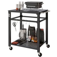 Outsunny Outdoor Grill Cart, Pizza Oven Stand with Steel Top, 2-Tier Kitchen Prep Station with Hooks, Handle, Wheels, Black(m-2)