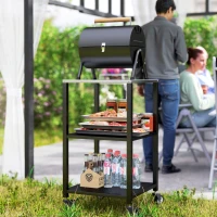 Outsunny Outdoor Grill Cart, Pizza Oven Stand with Stainless Steel Top, 3-Tier Rolling Kitchen Prep Station with Wheels, Black(m-9)