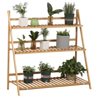Outsunny 3-Tier Plant Stand, Plant Shelf Rack, Folding Bamboo Display Stand, 98x37x96.5cm, Natural(m-11)