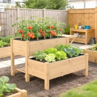 Outsunny Wooden Raised Garden Bed, 2-Tier Raised Planter with Storage Shelf, Side Board, Drainage Holes and Liner(m-10)