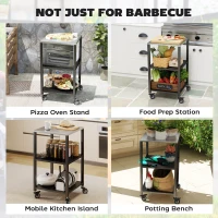 Outsunny Outdoor Grill Cart, Pizza Oven Stand with Stainless Steel Top, 3-Tier Rolling Kitchen Prep Station with Wheels, Black(m-7)