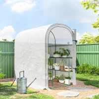 Outsunny Walk-in Mini Greenhouse with Shelves, Portable Outdoor Greenhouse with Roll-up Door, 123 x 187 x 189 cm, White(m-8)