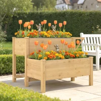 Outsunny Wooden Raised Garden Bed, 2-Tier Raised Planter with Storage Shelf, Side Board, Drainage Holes and Liner(m-8)
