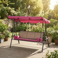Outsunny Outdoor 3-Seat Porch Swing with Canopy, Rattan Seat, Removable Cushion, Pillows and Steel Frame(m-10)