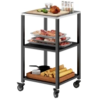 Outsunny Outdoor Grill Cart, Pizza Oven Stand with Stainless Steel Top, 3-Tier Rolling Kitchen Prep Station with Wheels, Black(m-2)