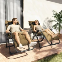 Outsunny Folding Garden Chairs Set of 2, Reclining Zero Gravity Chair, Sun Lounger with Cushion and Headrest, Khaki(m-10)