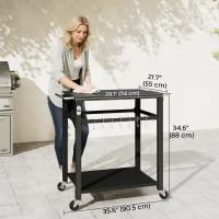 Outsunny Outdoor Grill Cart, Pizza Oven Stand with Steel Top, 2-Tier Kitchen Prep Station with Hooks, Handle, Wheels, Black(m-3)