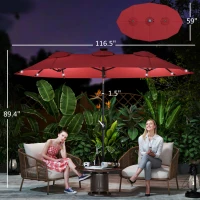 Outsunny Double-sided Patio Umbrella, 9.7' Outdoor Umbrella with Tilt and Crank, LED Solar Light and 12 Ribs, Wine Red(m-3)