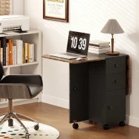 HOMCOM Drop Leaf Dining Table, Mobile Folding Table on Wheels with Drawers and Cabinet for Dining Room, Rustic Brown and Black(m-9)