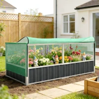Outsunny Raised Garden Bed, 5.7 x 3 x 2.3ft Steel Planter Box Outdoor with Cover, Gloves, Dark Grey(m-10)