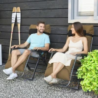 Outsunny Folding Garden Chairs Set of 2, Reclining Zero Gravity Chair, Sun Lounger with Cushion and Headrest, Khaki(m-9)