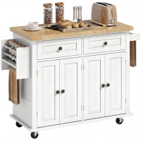 HOMCOM Kitchen Island Cart with Rubber Wood Top, Rolling Kitchen Island Table on Wheels with Drawers, Adjustable Shelves, Spice Rack and Towel Rack for Dining Room, White