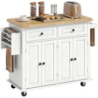 HOMCOM Kitchen Island Cart with Rubber Wood Top, Rolling Kitchen Island Table on Wheels with Drawers, Adjustable Shelves, Spice Rack and Towel Rack for Dining Room, White(m-1)