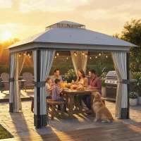Outsunny 10' x 10' Patio Gazebo, UPF50+ Double Roof Outdoor Gazebo Canopy with Netting and Curtains, Steel Frame, Light Grey(m-9)