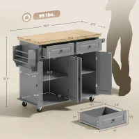 HOMCOM Kitchen Island Cart with Rubber Wood Top, Rolling Kitchen Island Table on Wheels with Drawers, Adjustable Shelves, Spice Rack and Towel Rack for Dining Room, Gray(m-3)