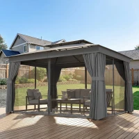 Outsunny 10' x 12.5' Outdoor Gazebo with Curtains and Netting, Double Roof Metal Patio Gazebo Canopy Shelter with Hook, Dark Grey(m-8)