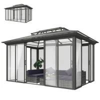 Outsunny 10' x 14' Outdoor Hardtop Gazebo, Aluminum Sun Room Solarium with Sliding Doors, Double Roof Patio Gazebo, Dark Grey(m-2)