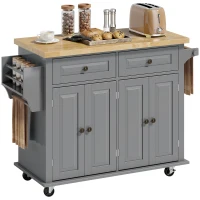 HOMCOM Kitchen Island Cart with Rubber Wood Top, Rolling Kitchen Island Table on Wheels with Drawers, Adjustable Shelves, Spice Rack and Towel Rack for Dining Room, Gray(m-1)