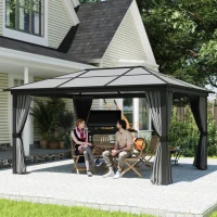 Outsunny 12' x 15' Hardtop Gazebo Canopy with Polycarbonate Roof, Aluminum Frame, Netting, Curtains and Ceiling Hook, Dark Grey(m-9)