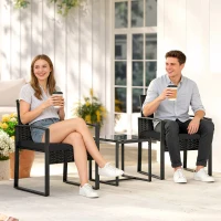 Outsunny Outdoor Bistro Set, 3 Piece Wicker Patio Furniture Set with Glass Top Table and Cushions for Porch, Balcony, Black(m-1)