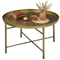 HOMCOM Coffee Table for Living Room, 24" Round Center Table with Hammered Tray Top and Metal Frame for Bedroom, Gold(m-1)