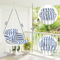 Outsunny Hammock Swing Chair, Macrame Hanging Chair with Large Cushion, Chain, Steel Frame for Indoor Outdoor Use, Blue and White(m-3)