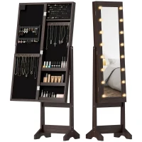 HOMCOM Free Standing Armoire Organizer, Lighted Mirrored Jewelry Cabinet w/ Angle Adjustable & 16 LED Lights, Dark Brown(m-2)