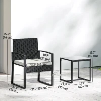 Outsunny Outdoor Bistro Set, 3 Piece Wicker Patio Furniture Set with Glass Top Table and Cushions for Porch, Balcony, Cream White(m-3)