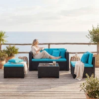 Outsunny 5 Piece Patio Furniture Set, L-Shape Wicker Outdoor Sectional with 3 Chairs, Ottoman, Glass Table, Cushions, Turquoise(m-10)