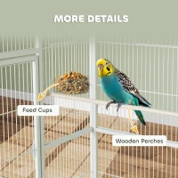 PawHut 64" Large Rolling Bird Cage Bird House with Detachable Rolling Stand, Storage Shelf, Wood Perch Food Container, White(m-9)