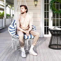 Outsunny Hammock Swing Chair, Macrame Hanging Chair with Large Cushion, Chain, Steel Frame for Indoor Outdoor Use, Blue and White(m-8)