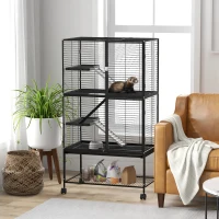 PawHut Rolling Small Animal Cage 54"H Chinchilla Cage for Ferrets, Squirrels w/ Removable Tray, Storage Shelf, Black(m-1)
