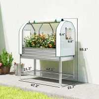 Outsunny Galvanised Raised Garden Bed with Greenhouse Cover, Metal Elevated Garden Bed with Bed Liner, Bottom Shelf, Silver(m-3)