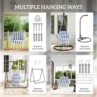 Outsunny Hammock Swing Chair, Macrame Hanging Chair with Large Cushion, Chain, Steel Frame for Indoor Outdoor Use, Blue and White(m-7)