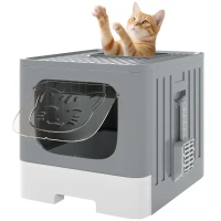 PawHut Foldable Cat Litter Box with Lid, Slide-Out Drawer, Scoop, Easy Clean, Odour Control, Anti-Splashing, Grey(m-11)