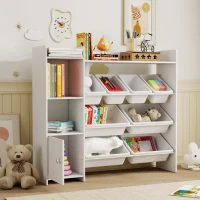 Qaba Kids Bookshelf and Toy Storage Organizer, Children Bookcase with 8 Removable Bins, Cabinet for Playroom, Kids Room, Nursery, White(m-10)