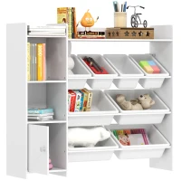 Qaba Kids Bookshelf and Toy Storage Organizer, Children Bookcase with 8 Removable Bins, Cabinet for Playroom, Kids Room, Nursery, White(m-11)