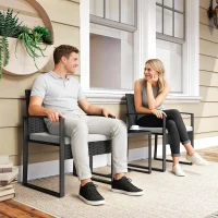 Outsunny Outdoor Bistro Set, 3 Piece Wicker Patio Furniture Set with Glass Top Table and Cushions for Porch, Balcony, Cream White(m-10)