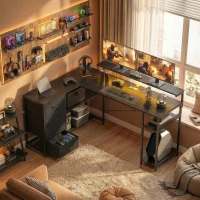 HOMCOM Gaming Desk with Power Outlets LED Lights Computer Desk with Drawers Monitor Stand 61" Black(m-8)