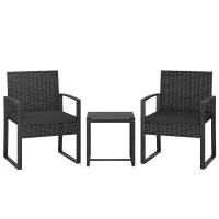 Outsunny Outdoor Bistro Set, 3 Piece Wicker Patio Furniture Set with Glass Top Table and Cushions for Porch, Balcony, Black(m-11)