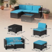 Outsunny 5 Piece Patio Furniture Set, L-Shape Wicker Outdoor Sectional with 3 Chairs, Ottoman, Glass Table, Cushions, Turquoise(m-3)
