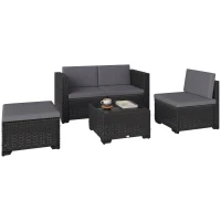 Outsunny 5 Piece Patio Furniture Set, L-Shape Wicker Outdoor Sectional with 3 Chairs, Ottoman, Glass Table, Cushions, Grey(m-11)