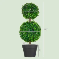 HOMCOM 2 Pcs 23.6" Artificial Boxwood Ball Topiary Tree Set of 2 Fake Plants in Pot with Double Ball-Shaped Leaves Green(m-3)