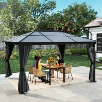 Outsunny 12' x 15' Hardtop Gazebo Canopy with Polycarbonate Roof, Aluminum Frame, Netting, Curtains and Ceiling Hook, Dark Grey(m-10)