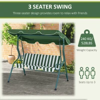 Outsunny Outdoor Porch Swing with Adjustable Canopy, 3-Seater Patio Swing Chair with Cushion, Green(m-6)