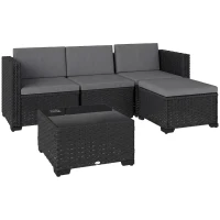 Outsunny 5 Piece Patio Furniture Set, L-Shape Wicker Outdoor Sectional with 3 Chairs, Ottoman, Glass Table, Cushions, Grey(m-2)