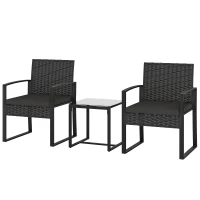 Outsunny Outdoor Bistro Set, 3 Piece Wicker Patio Furniture Set with Glass Top Table and Cushions for Porch, Balcony, Black(m-2)